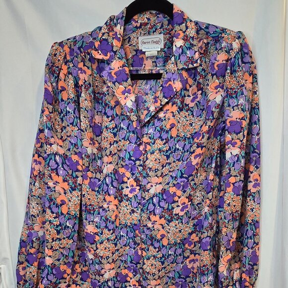 Vintage Three Flaggs Button Up Blouse, Purple/floral, Size 12 - Picture 1 of 10